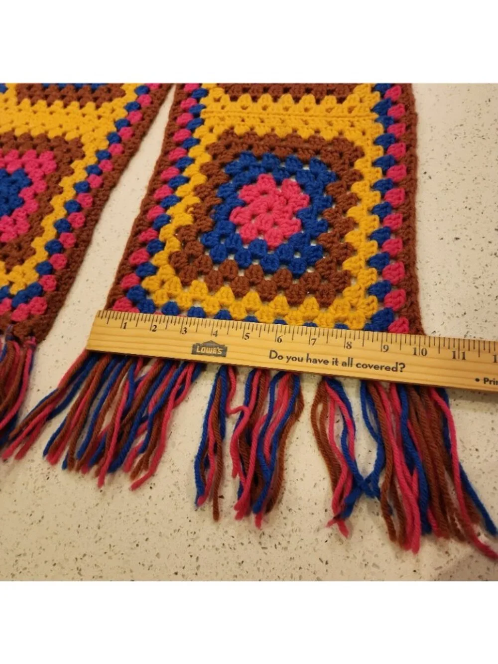 Hand Crochet Granny Square Boho Colorful Scarf With Fringe 72